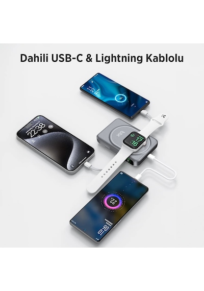 Bix Tpb16 10000 Mah Oled Ekranlı Manyetik Kablosuz Powerbank 20w Pd Hızlı Şarj Ve 15w Magsafe Gri Gri