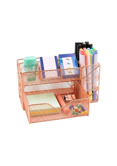 Rose Gold Metal Mesh Masaüstü Organizer Çekmeceli Çok Bölmeli 21.8x11.5x11 Cm 9510 Genel