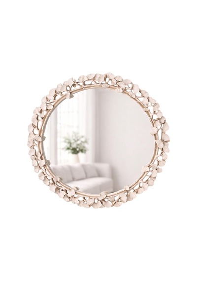 Dekoratif Duvar Aynası Yuvarlak Modern Çiçek Desenli Çerçeve, 43 Cm, Salon Antre Banyo İçin Şık Ayna İnci Diğer