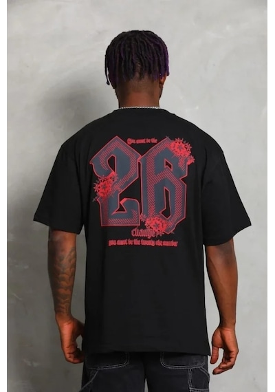 Vexor Erkek Baskılı Tişort Kısa Kol Bisiklet Yaka Ovarsize T-shirt - Siyah