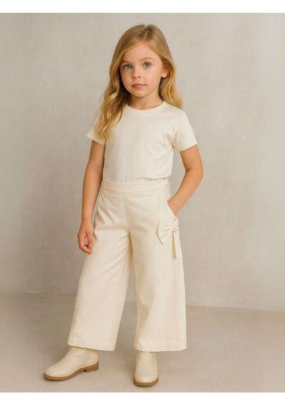 Zekids Kız Çocuk Fiyonk Detaylı Geniş Paça Pantolon-16153 Krem