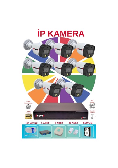 Fury 8 Li Ip Güvenlik Kamera Seti Sesli 4mp Gece Renkli Su Geçirmez 5515s 500gb