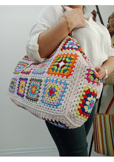 Embahandmde Renkli El Örgüsü Xl Plaj Çantası Astarlı Büyük Boho Tote Bag Yazlık Kadın Omuz Çantası Açık Bej