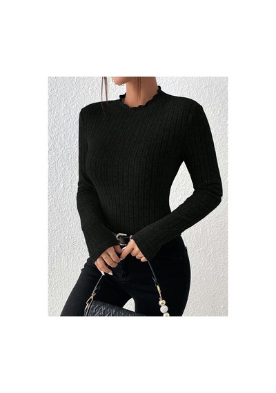 Moda Kadın Dik Yaka Uzun Kollu Esnek Yumuşak Dokulu Body Siyah Siyah