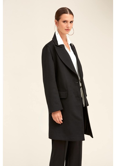 Hatemoğlu Saykı Woman Siyah Regular Fit Ceket Yaka Kaşe Oversize Manto 2956632 Siyah