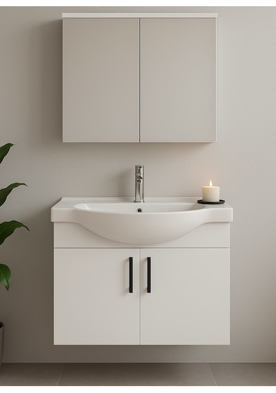 Nova 80 Cm Mdf Beyaz, Oval Seramik Lavabo, Banyo Dolabı Beyaz