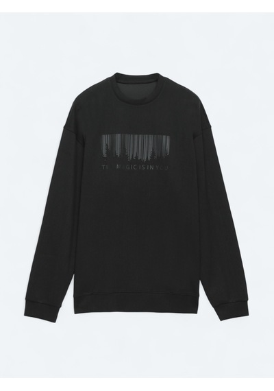 Kip Siyah Bisiklet Yaka Baskılı Sweatshirt Siyah -