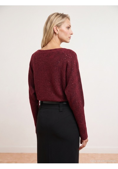 Dilvin 10860 Kayık Yaka Pullu Triko Kazak-bordo