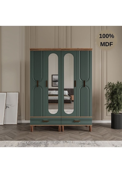 Zen 4 Kapak Ayaklı Tasarım Country Mdf Gardırop Yeşil
