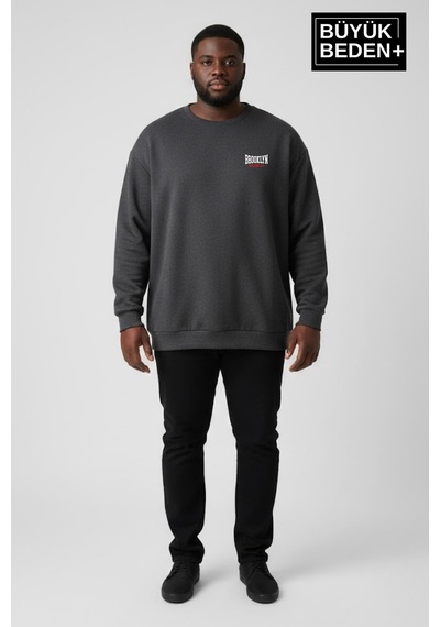 Süperlife Erkek Büyük Beden Brooklyn 1970 Baskılı Bisilet Yaka İnce Sweatshirt Spr26bsw956-3 Antrasit