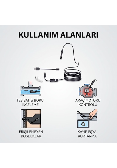 Zvnm 5 Metre Yılan Kamera - Led Işıklı - Ip67 Su Geçirmez - 3 Farklı Başlıklı Zcv12