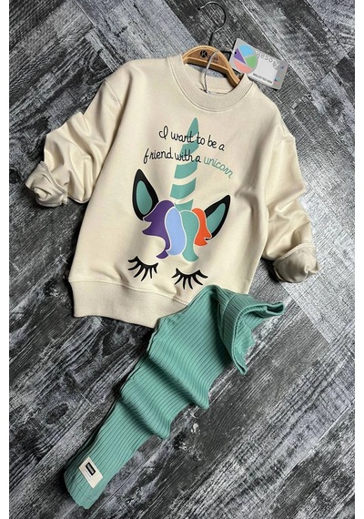 Koçak Kids Unicorn Desenli Kız Çocuk Yeşil Renk Taytlı Takım Yeşil
