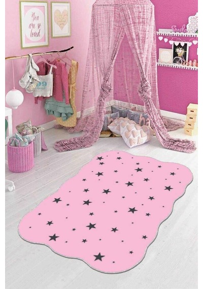Pembe Kaymaz Tabanlı Yıldızlı Lazer Kesim Bebek Halısı Ar004n11