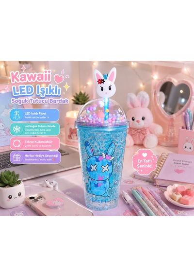 Çift Katmanlı İçecek Bardağı Led Işıklı Pipetli Kawaii Chibi Sevimli Tavşan Figürlü Suluk 450ml Mavi
