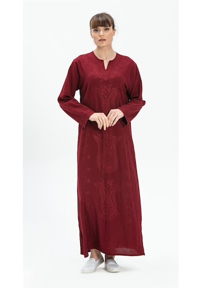 Eliş Şile Bezi Uzun Kol Şile Bezi Simli Kaftan Midi Boy Elbise Bordo