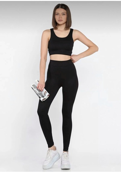 Butik Siyah Kadın Kalın Askılı Fitilli Crop Yüksek Bel Sporcu Tayt İkili Takım SiYAH