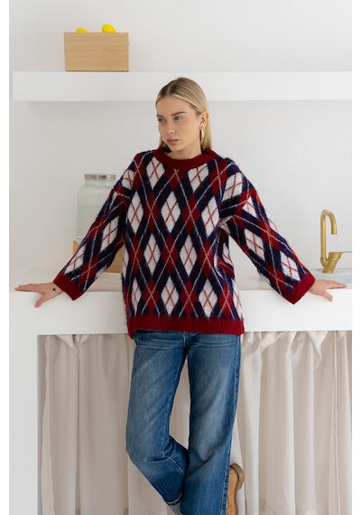 Noa & Noa Kadın Oversize Sardonlu Tiftik Kazak Yumoş Dokulu & Desenli Bordo