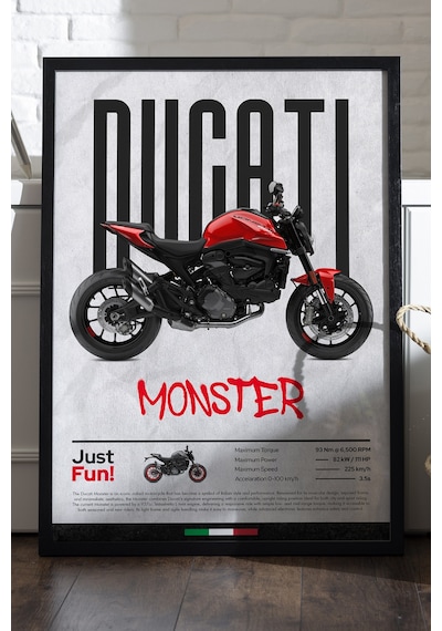 Ducati Monster Siyah Ahşap Çerçeveli Poster, Dekoratif Motosiklet Duvar Tablosu