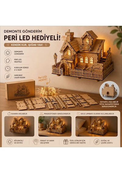 Ahşap Ev Maketi Peri Led'li Dıy Duvara Asılabilir Ev Modeli Işıklı Dekor 82 Parça