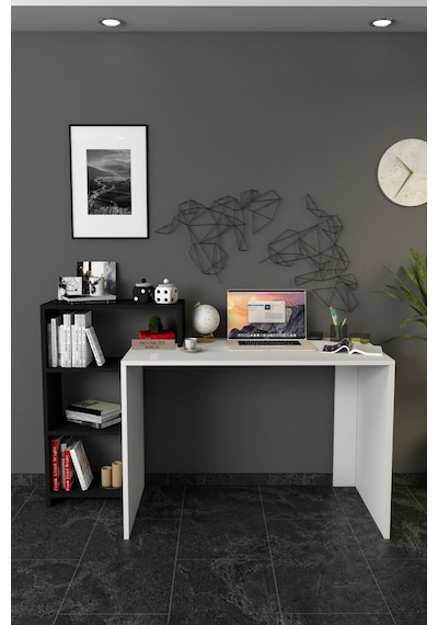 Moonlife Ahsen Kitaplıklı Çalışma Masası Beyaz Siyah Beyaz