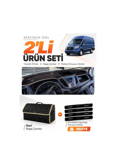 E-biz Ford Transit 2015-2022 Uyumlu Torpido Örtüsü + Deri Bagaj Çantası Seti - Siyah-bej - Fo030