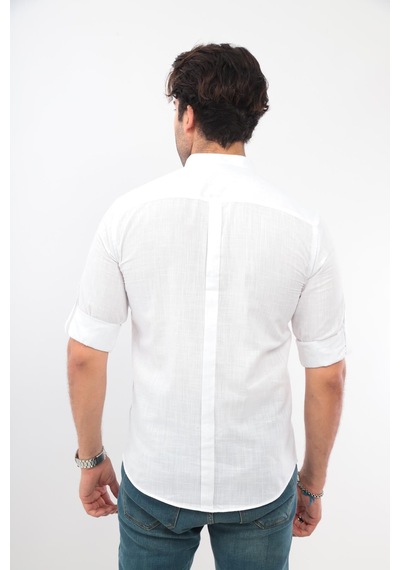 Hakim Yaka Slim Fit Keten Hediye Kutulu Erkek Gömlek Fs-003042 - Beyaz-2196