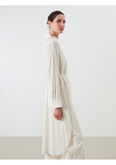 Lcwaıkıkı Classic Beyaz Keten Karışımlı Oversize Kadın Gömlek Tunik