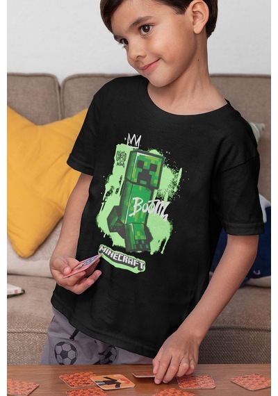 Sevbano Creeper Baskılı Unisex Oyun Çocuk Tişört 1-12 Yaş SIYAH