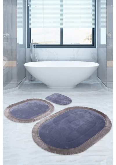 Bonny Home Pera Gri 3'lü Banyo Paspası Seti Kaymaz Tabanlı Gri
