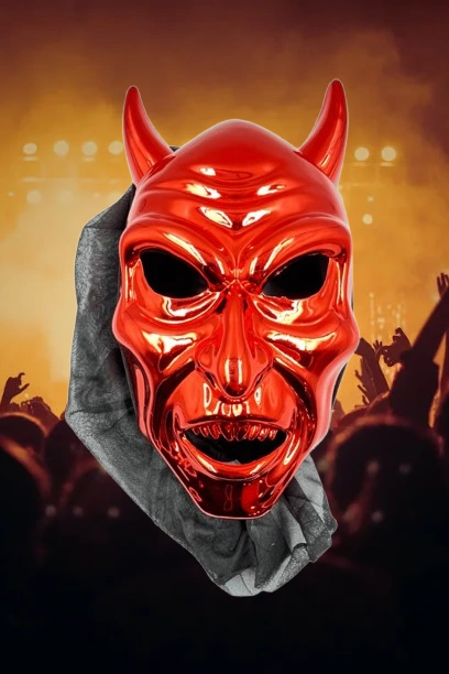 Halloween Cadılar Bayramı Maske Şeytan Maskesi Parlak Kırmızı Metalik Arkası Tüllü Korku Aksesuarı Diğer