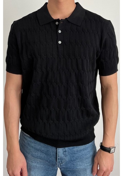 Tarz Cool Erkek İnce Saç Örgülü Düğmeli Slim Fit Polo Yaka Triko T-shirt Siyah
