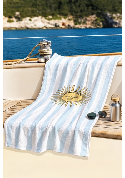 Çizgili Güneş Motifli Premium Plaj Havlusu-akdeniz Marine Mavi Beyaz Hızlı Kuruyan Mikrofiber Havlu İnci İncir