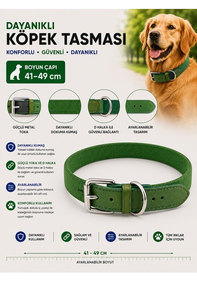 Köpek Boyun Tasması 41-49 Cm Dokuma Kumaş Deri Detaylı Ayarlanabilir Metal Tokalı - Yeşil Çok Renkli
