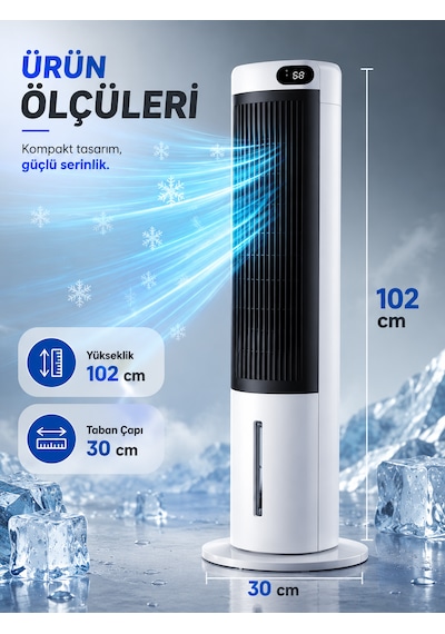 Sessiz Kule Tipi Hava Soğutucu 40 İnç 70w 3l Su Tanklı Led Dokunmatik Ekranlı Vantilatör Fan