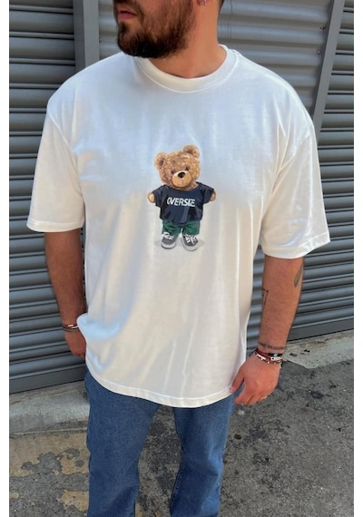 Erkek Bisiklet Yaka Baskılı Oversıze Beyaz T-shirt Beyaz