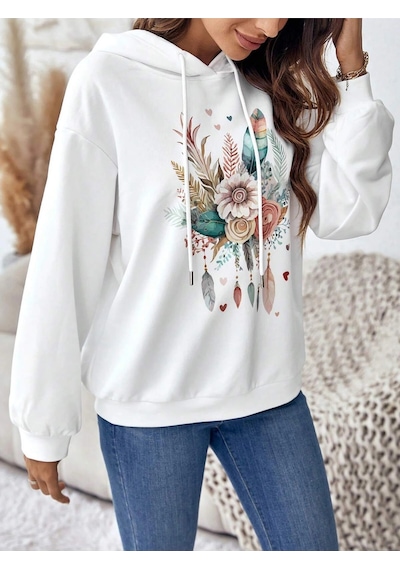 Startmore Coke Serisi Floral & Feather Print Drop Shoulder Drawstring Hoodie Beyaz
