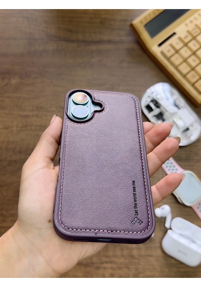 Apple iPhone 16 Uyumlu Premium Deri Dokulu Darbelere Karşı Dayanıklı Nazal Silikon Kılıf Mor