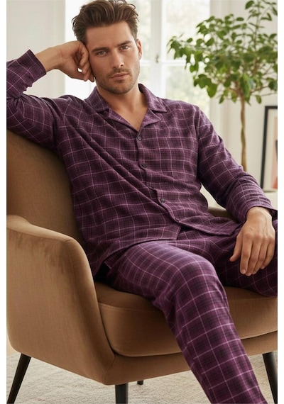 Siyah İnci Erkek Ekoseli %100 Pamuklu Örme Düğmeli Pijama Takım 7985 Mor Ekose Siyah İnci Erkek Ekoseli %100 Pamuklu Örme Düğmeli Pijama Takım 7985 Mor Ekose