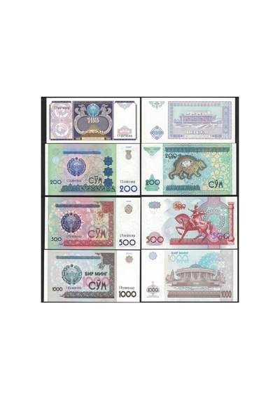 Özbekistan 100-200-500-1000 Som 1994-2001, Kağıt Para Set Çil Unc 4'lü Set Koleksiyon Para