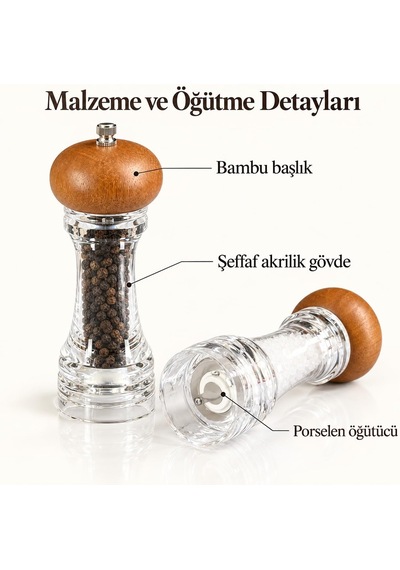 2 Adet Bambu Kapaklı Akrilik El Değirmeni 2 Li Set, 18 Cm, Aşınmaya Dayanıklı Porselen Öğütücü, Manuel Tuz Ve Karabiber Değirmeni, Şeffaf Doldurulabilir Hazne Çok Renkli