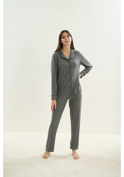 Sevim Kadın Uzun Kol Triko Önden Düğmeli Gri Melanj Pijama Takım C1t8n9o51 001