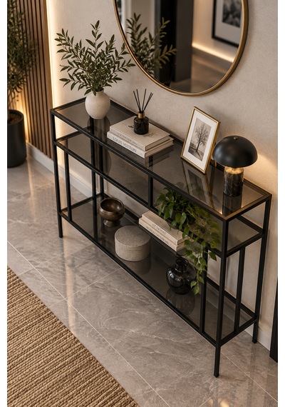 Teknor Siyah Çerçeveli Füme Camlı Modern Salon Konsolu Dresuar