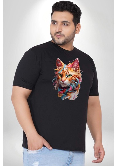 Angemiel Hayvan Kedi Sanat Potre Siyah Büyük Beden Erkek Kadın Unisex Basic Ön Baskılı Tişört Siyah