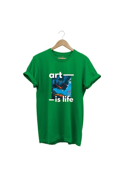 Sanatsal Renkli Tasarım Baskılı Art İs Life Yazılı %100 Pamuk Regular Fit Unisex T-shirt Yeşil