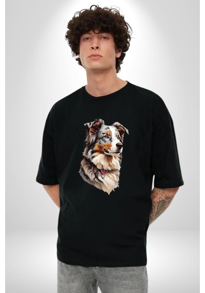 Australian Shepherd Köpek Pamuklu Bisiklet Yaka Unisex Oversize Boyfriend Dijital Baskılı Siyah T-shirt Siyah