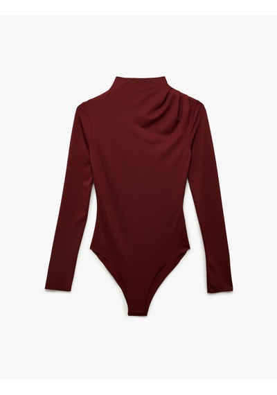 Koton Slim Fit Uzun Kollu Dik Yaka Drape Detaylı Bodysuit Bordo 6sak80065ek