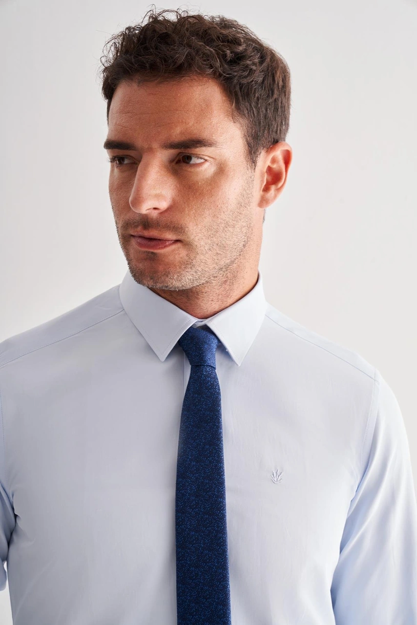 İmza Mavi Sert Yaka Uzun Kol Slim Fit Pamuklu Gömlek 1004255175 Mavi