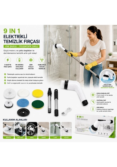 9ın1 25w - Kablosuz - Hızlı Şarj Elektrikli Şarjlı Temizlik Fırçası Rzg-2026 5468