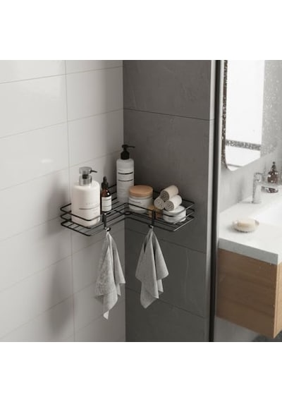 Yapışkanlı Banyo Köşeliği Köşe Rafı Duş Şampuanlık Duvar Düzenleyici Organizer Raf Siyah Metal Diğer