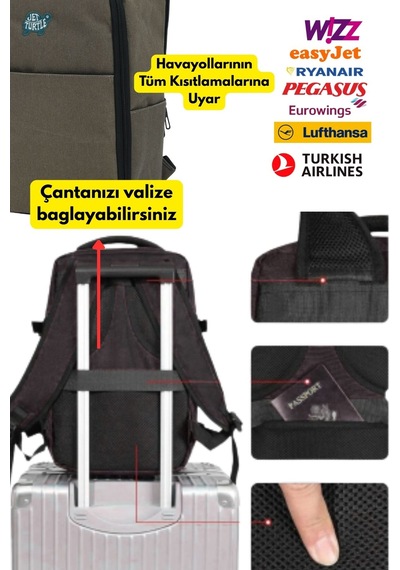 Jet Turtle Seyahat Sırt Çantası 40cm 40x25x15 Cm Pegasus, Wizz Air, Ryanair, El Valizi Koltuk Altı Valizi Açık Haki Kanvas